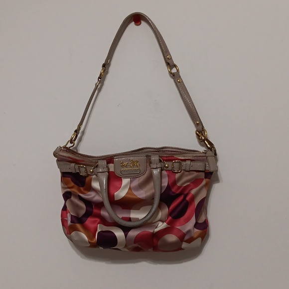 Coach Sophia Cherry Pink Khaki Signature Shoulder Satchel Purse - Picture 1 of 4